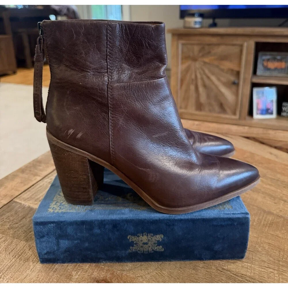 Franco Sarto Marmalade Bootie 8.5 Brown Leather Pointed Toe Block Heel